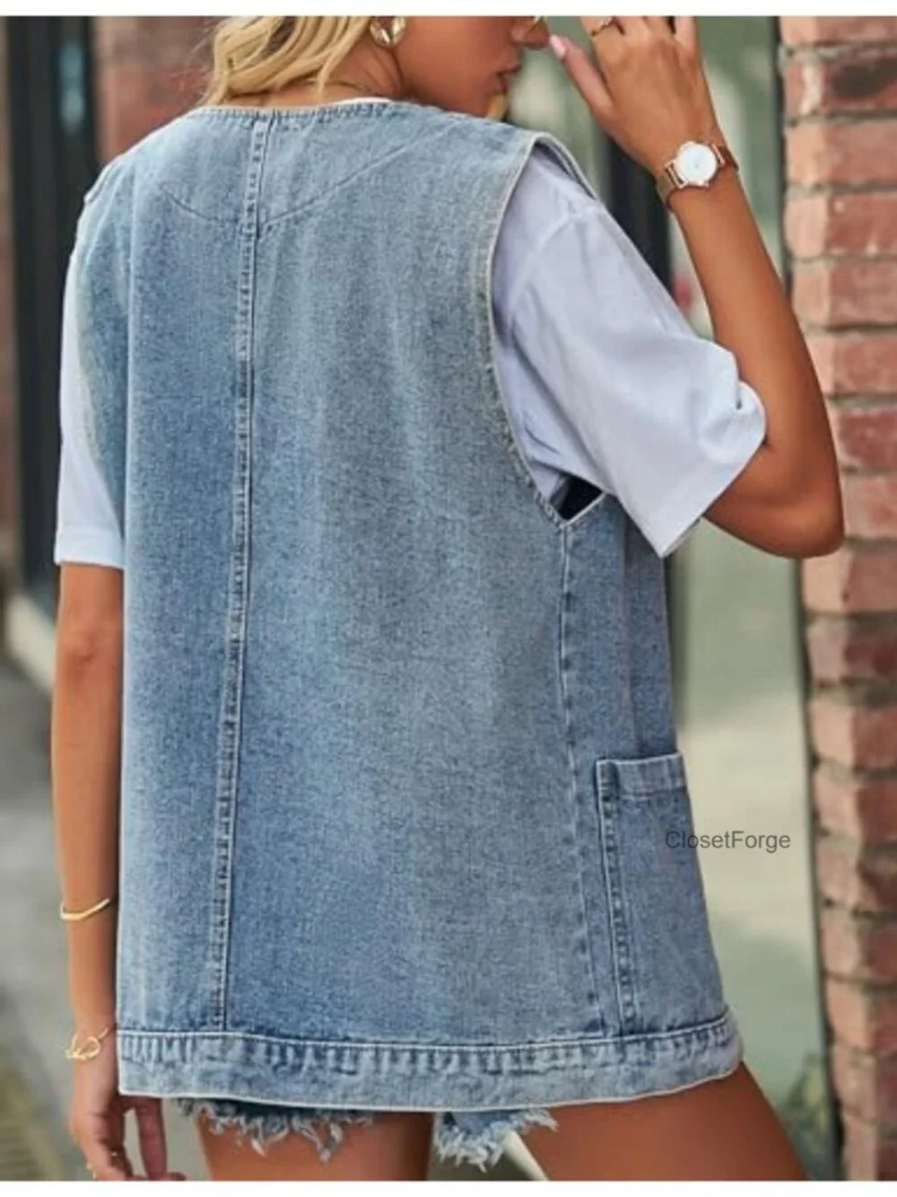 Sleeveless Button Down Vest with Pockets Lightweight Oversized Denim Waistcoat